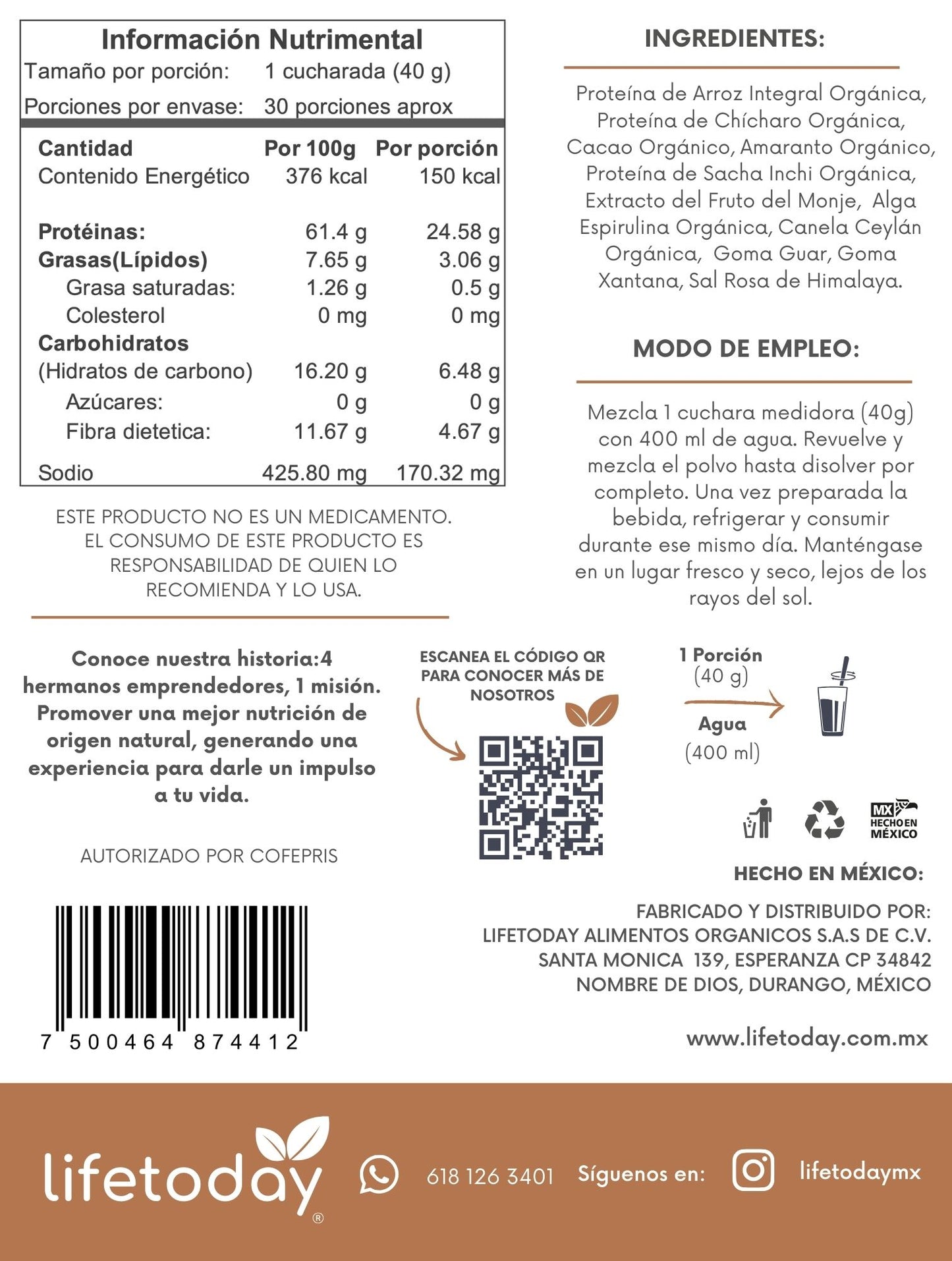 Proteina Vegetal Orgánica Polvo 1.2 KG lifetoday Sabor Cacao