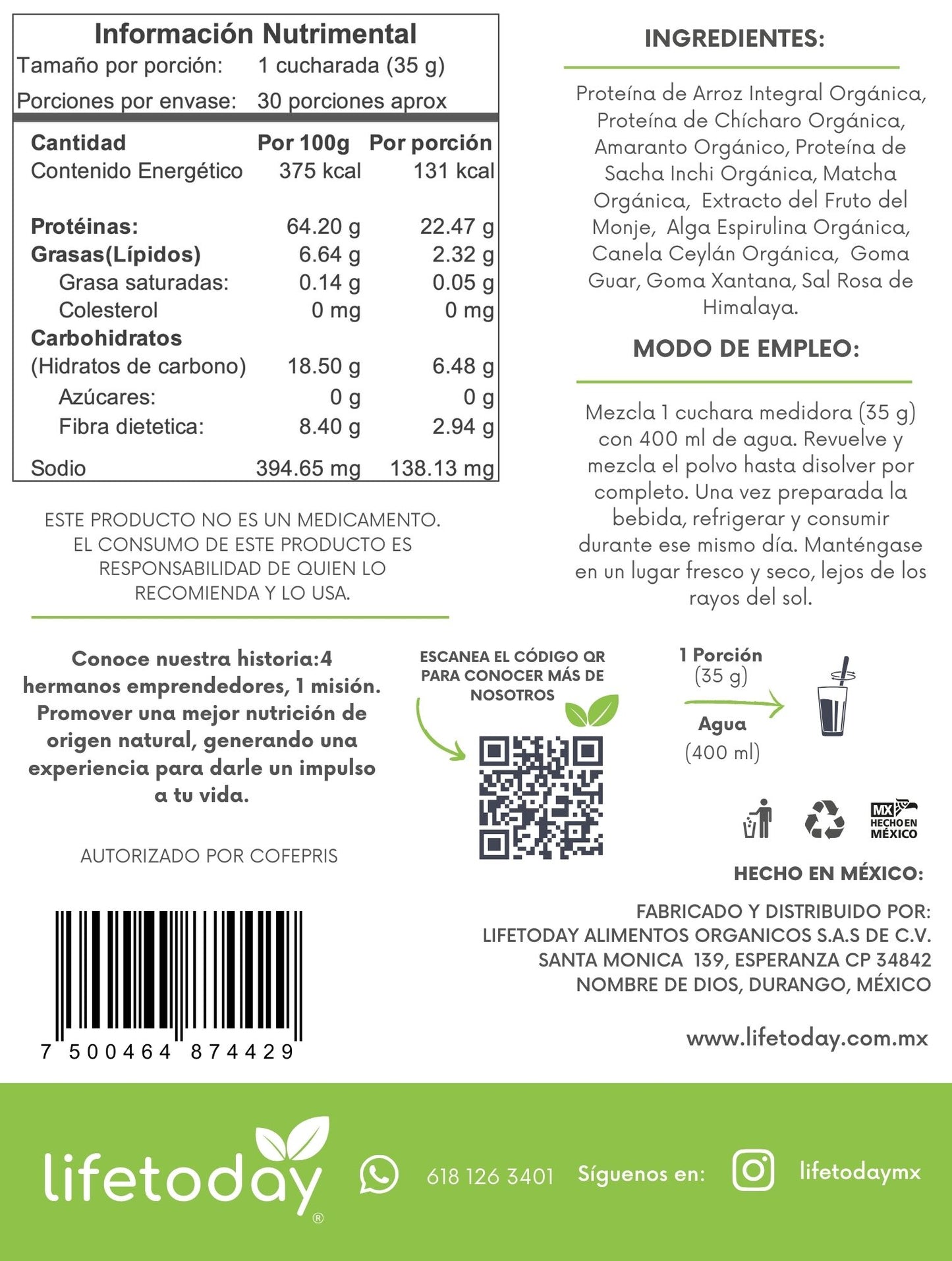 Proteina Vegetal Orgánica Polvo 1.050 KG lifetoday Sabor Matcha
