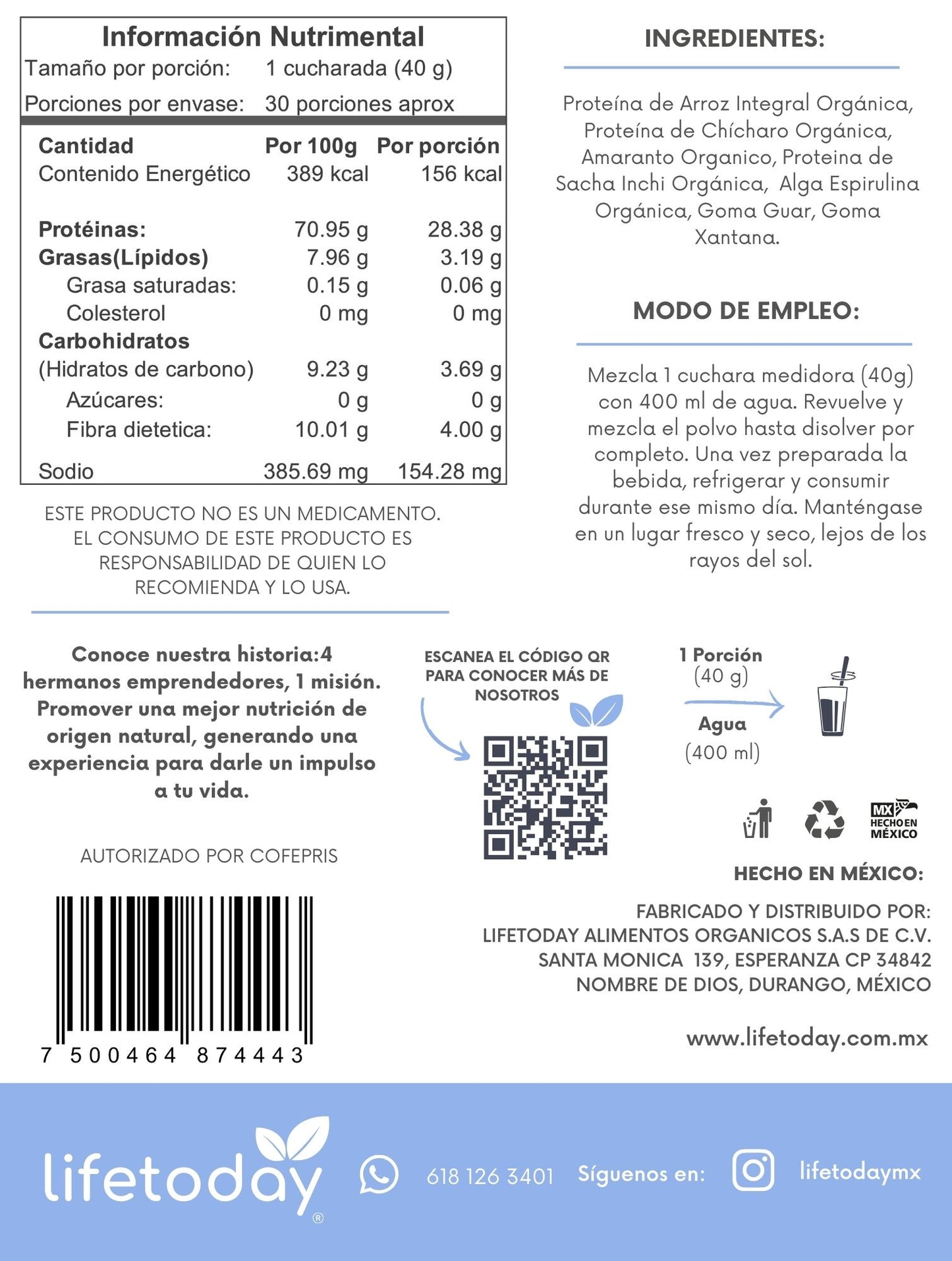 Proteina Vegetal Orgánica Polvo 1.2 KG lifetoday Sabor Natural