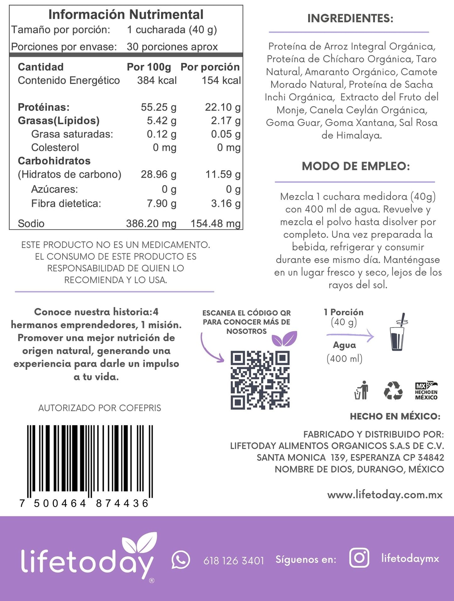 Proteina Vegetal Orgánica Polvo 1.2 KG lifetoday Sabor Taro
